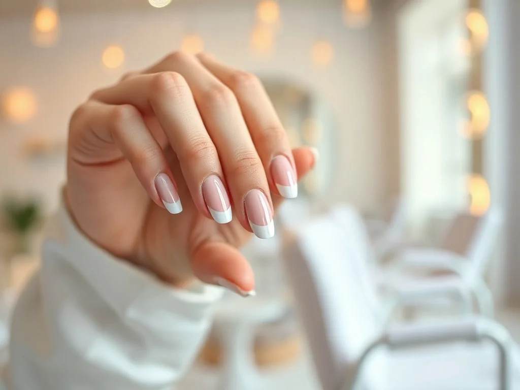 Elegancki manicure typu babyboomer z płynnym przejściem od różu do bieli na zadbanych dłoniach.