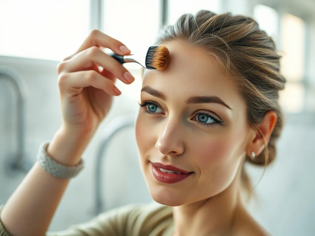 Kobieta używa małej szczoteczki do precyzyjnego układania delikatnych baby hair przy linii włosów.