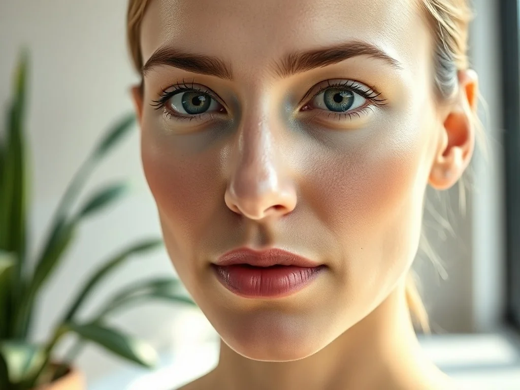 Zbliżenie na twarz kobiety z idealnie gładką, promienną cerą typu glass skin w jasnym, minimalistycznym wnętrzu spa.