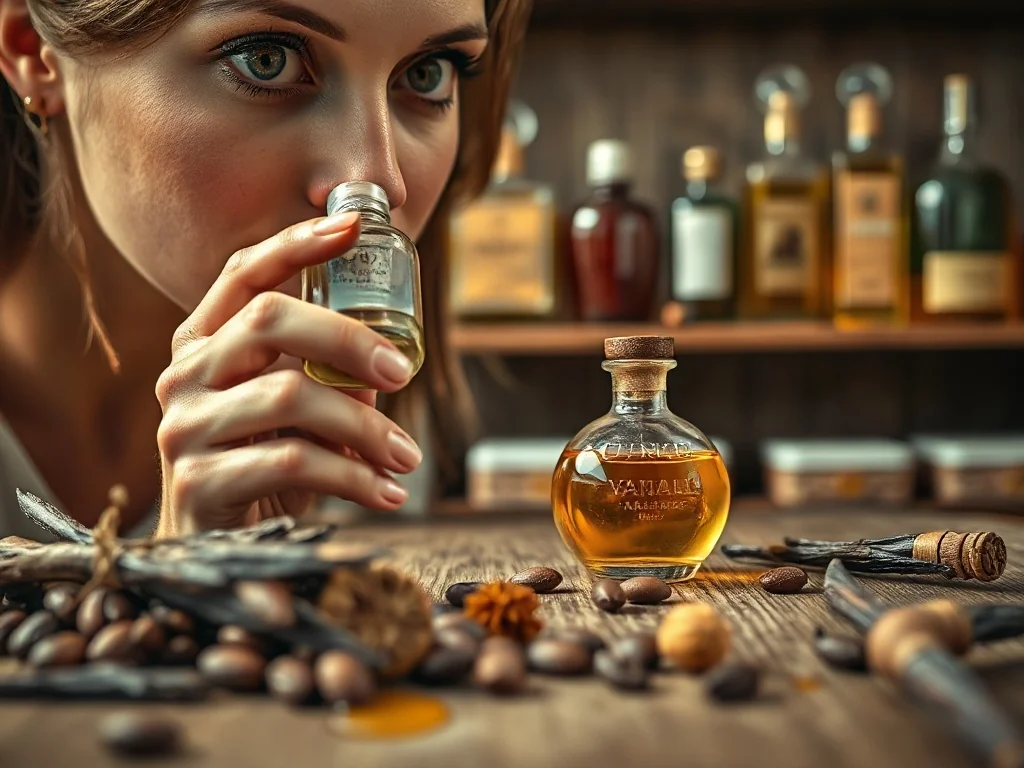 Kobieta wąchająca perfumy w otoczeniu ziaren kakao, wanilii i miodu, podkreślająca słodki charakter zapachów gourmand.